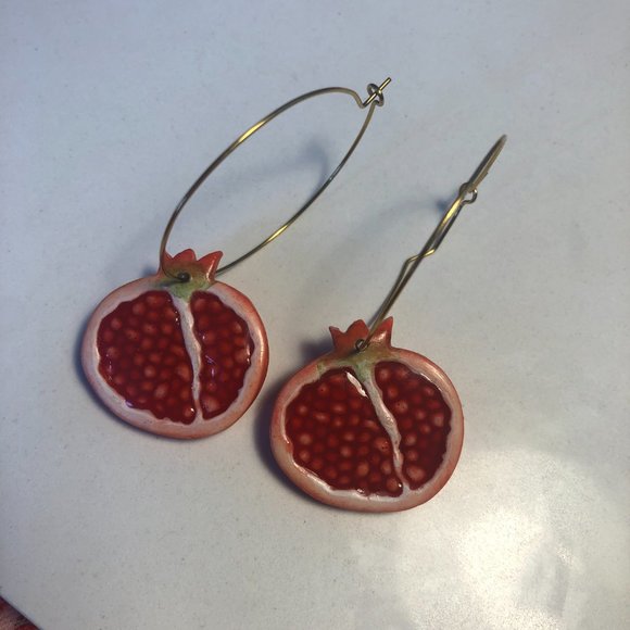 Red Pomegranate Hoop Earrings with Gold Hoops (Made with Polymer Clay & Resin) - Picture 4 of 12